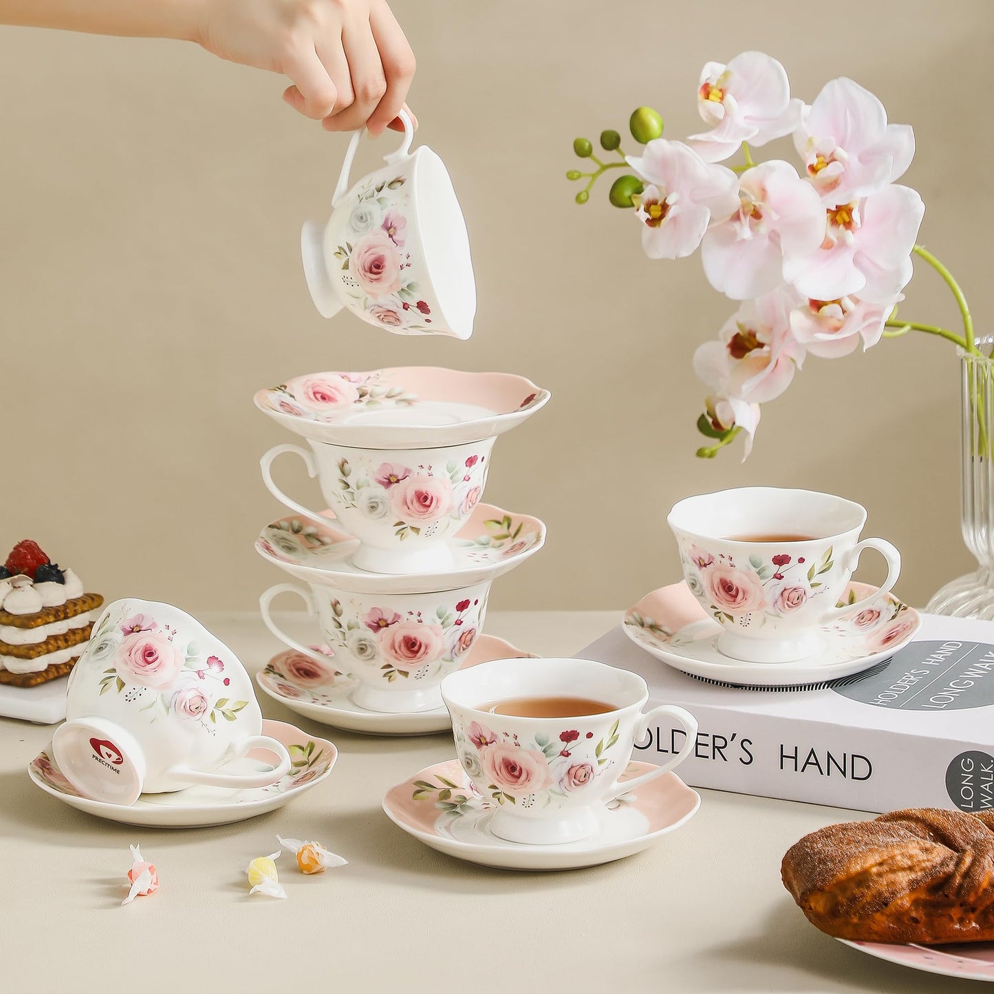 PRECITIME 6oz Floral Porcelain Tea Cup & Saucer Set of 6, Pink Rose, Party
