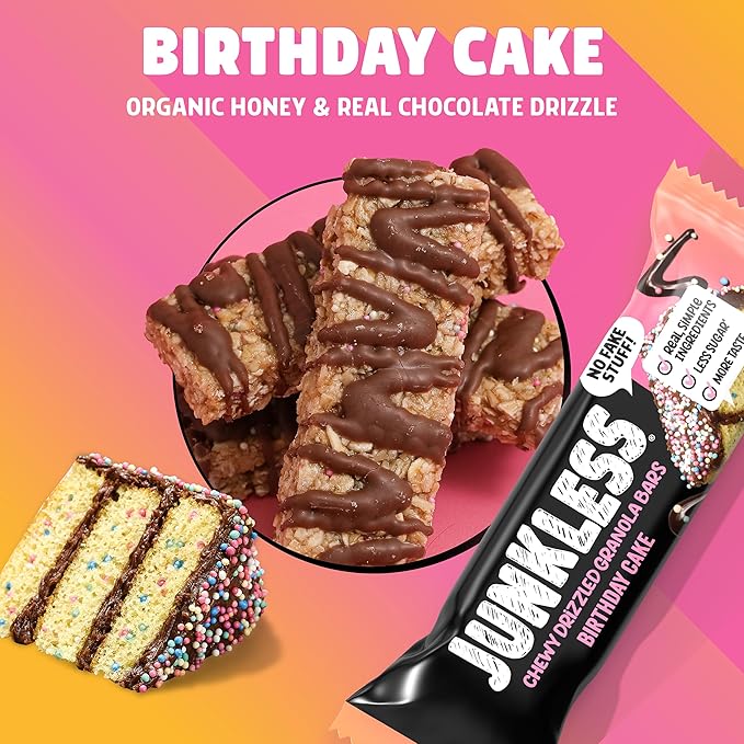 JUNKLESS Chewy Granola Bars Twin Pack ??Chocolate Chip & Drizzled Birthday Cake (12 Bars)?밚ess Sugar, Non-GMO, Gluten-Free, Wholesome Snack Bars for Kids & Adults, 2 Boxes