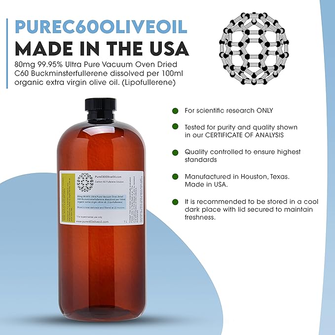 PureC60OliveOil C60 Organic Olive Oil 1L / 33.8 Fl Oz - 99.95% Carbon 60 Solvent Free 800mg - Food Grade - BUCKMINSTERFULLERENE Carbon 60 Olive Oil - from The Leading Global Producer