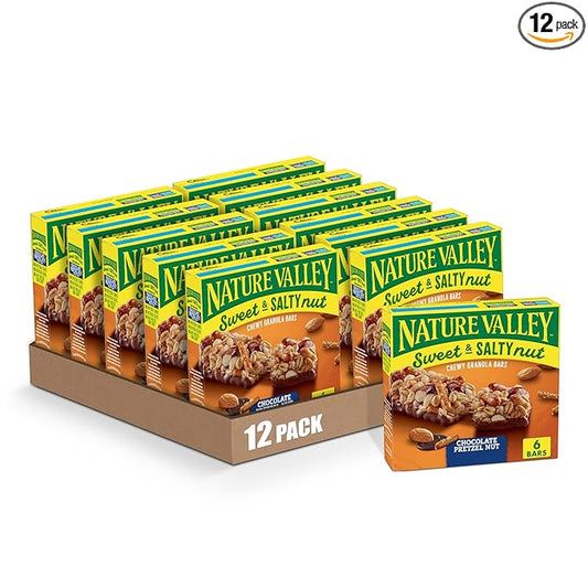 Nature Valley Granola Bars, Sweet and Salty Nut, Chocolate Pretzel Nut, 6 Bars, 7.4 oz (Pack of 12)
