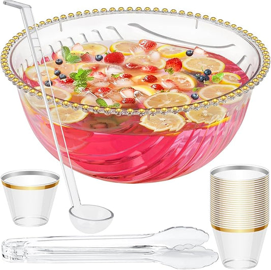 NiHome Large Plastic Punch Bowl with Ladle, Tongs and 25 Gold-Rimmed Cups for Wedding, Birthday, BBQ, Baby Shower, Holiday, 1.7 Gallon Reusable Clear Party Bowl Set for Drinks, Salads, Snacks & More