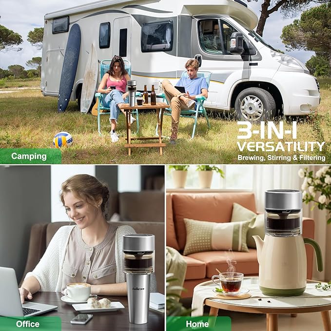 Coffee & Tea Maker, Portable Cold Brew Coffee Machine, Rapid Tea Brewer 16oz Hot & Iced, Rechargeable+Self Clean+Ultra-Fine Stainless Tea Strainer for Camping, Travel, Office & RV