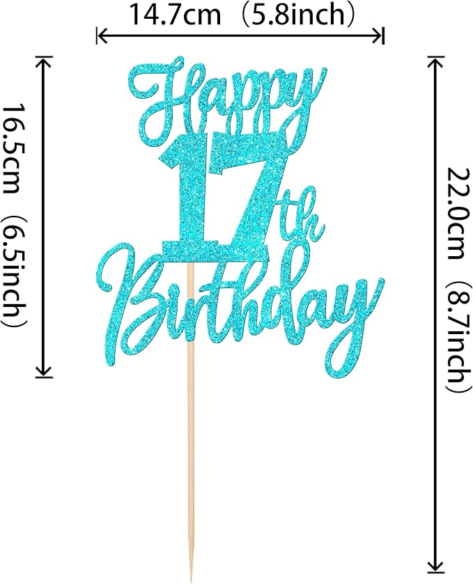 1 PCS Happy 17th Birthday Cake Topper Glitter Cheers to 17 Years Birthday Cake Pick Seventeen Hello 17 Cake Decoration for Happy 17th Birthday Anniversary Theme Party Decorations Supplies Blue
