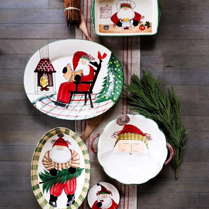 Vietri Old St. Nick Rectangular Baker with Chef, 14"L Christmas Oven Baking Dish Earthenware Bake/Serve Pan, Multi-Color