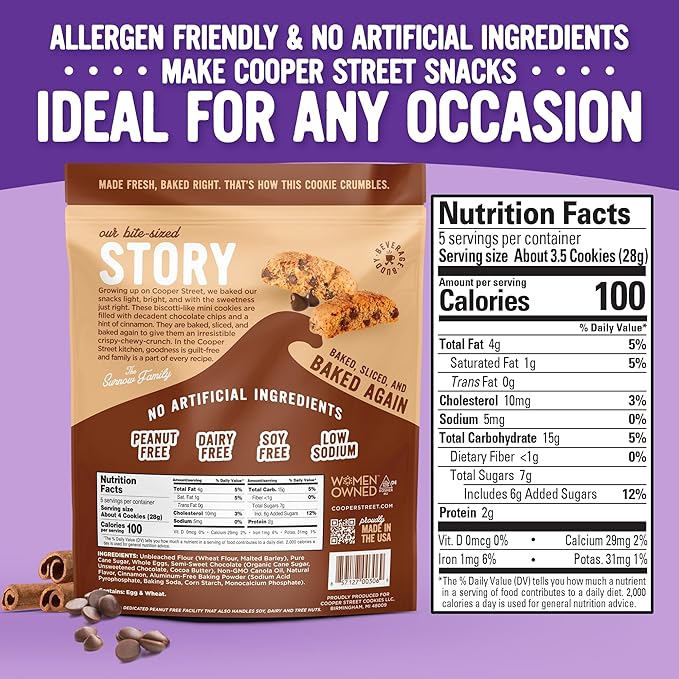COOPER STREET Twice Baked Cinnamon Chocolate Biscotti Cookies - Crispy Mini Biscotti Cookies Ideal with Coffee - Traditional Low Calorie Italian Snacks - Kosher, Dairy, Peanut & Soy Free (6 Pack)