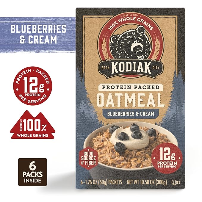 Kodiak Instant Oatmeal Packets, Blueberries & Cream, High Protein, 100% Whole Grains, 6 boxes with 6 packets (36 packets)