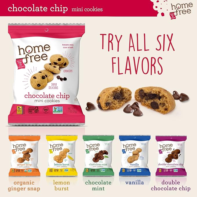 Homefree Treats You Can Trust Gluten Free Mini Cookies, Single Serve, Chocolate Chip, 1.1 Ounce (Pack of 10)