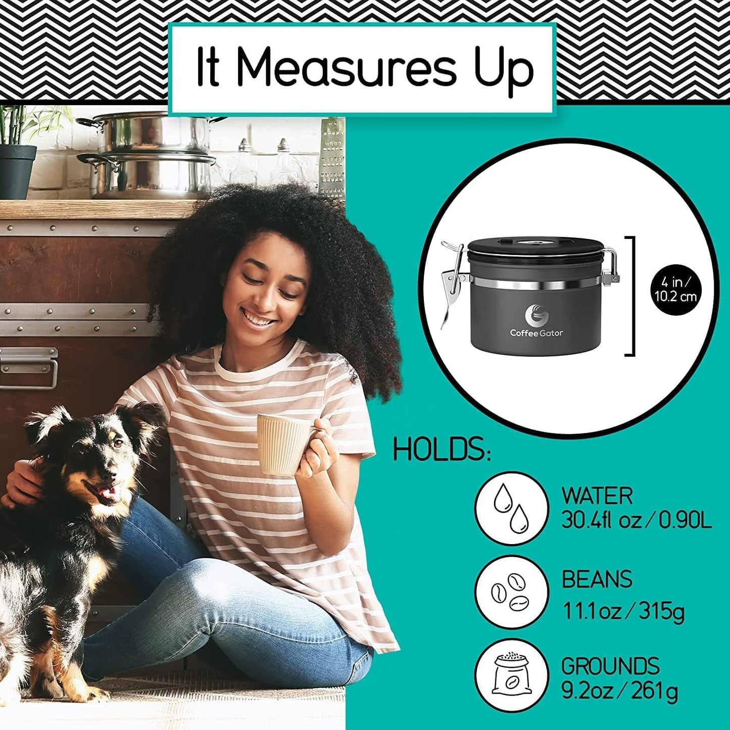 Coffee Gator Coffee Canister, 11oz Airtight Stainless Steel Kitchen Food Storage Container with
