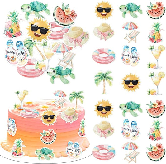 60 Pack Edible Summer Beach Theme Cake Topper Umbrella Chair Palm Tree Watermelon Pineapple Cake Pick Hawaiian Beach Cupcake Decorations for Baby Shower Birthday Wedding Party Supplies