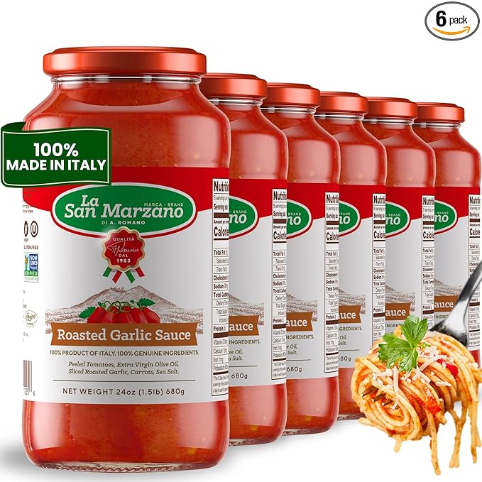 La San Marzano Roasted Garlic Sauce, 24 oz, Pasta Sauce Made in Italy, All Purpose Tomato Premium Quality, All Natural, Mediterranean Diet, Non GMO, Vegan, Gluten Free