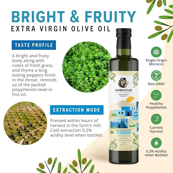 MOROCCAN OLIVE GROVE - The Blue Olive Oil, Bright & Fruity Desert Olive Oil Extra Virgin, Versatile Cooking Essential, Single-Origin Extra Virgin Olive Oil Cold Pressed, 2-Pack, 500 ml per Bottle