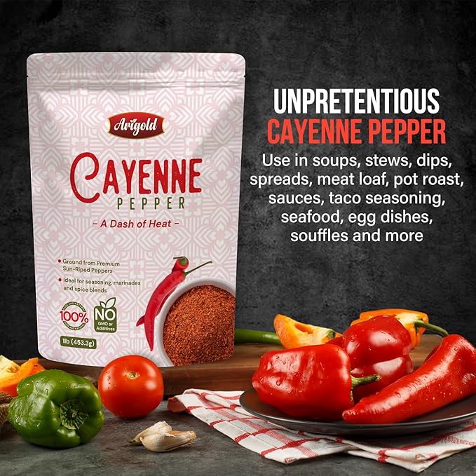 Arigold All-Natural 1LB Cayenne Pepper Powder | Natural Sun-Dried Red Pepper 100% Chemical-Free, Hot Spice 60,000-80,000 SHU | Non-GMO, Non-Irradiated, Additive Free, Gluten-Free | Perfect for Cooking ??Resealable Bag Bulk Cooking Seasoning.