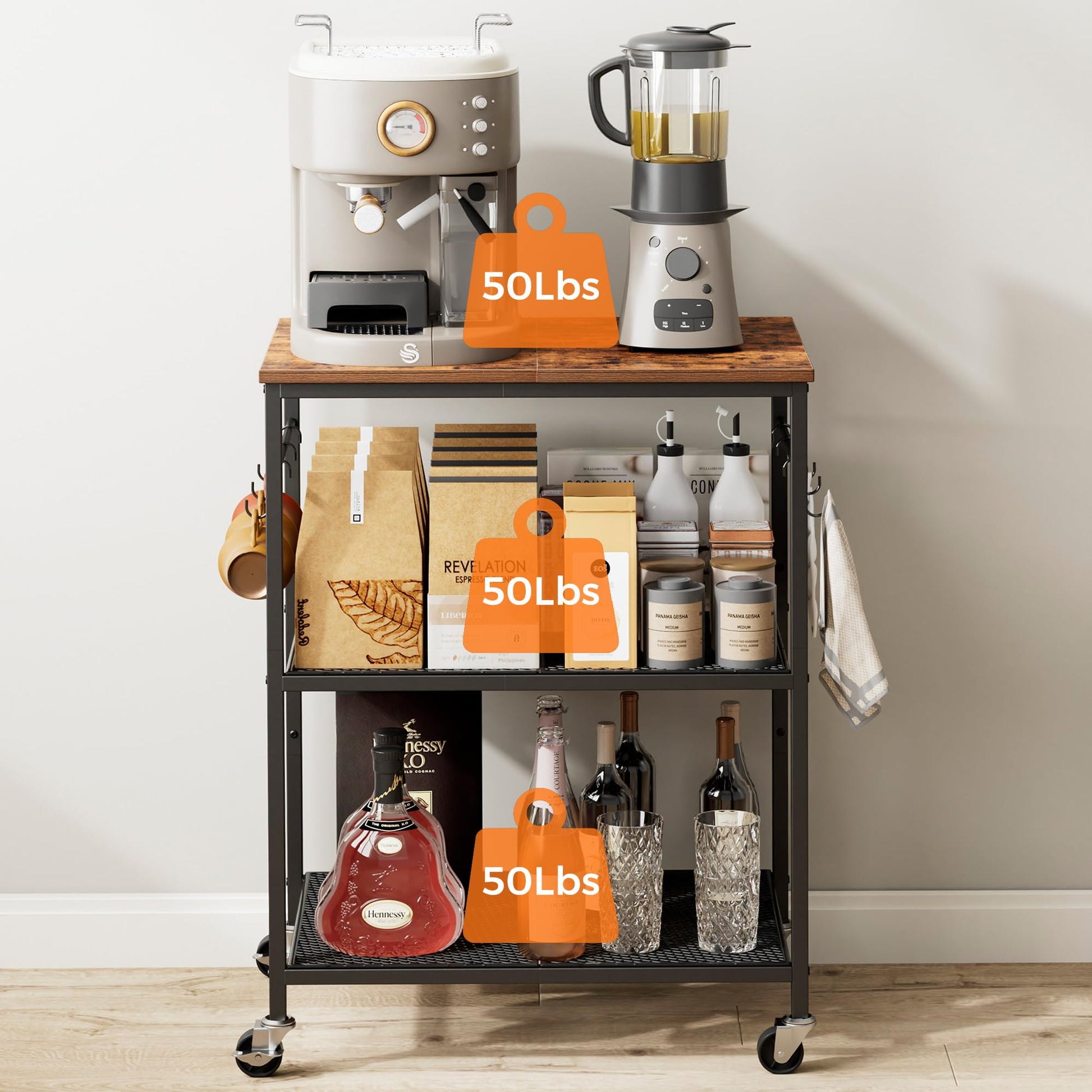 Homleke 3-Tier Rolling Kitchen Microwave Cart, Utility Cart
