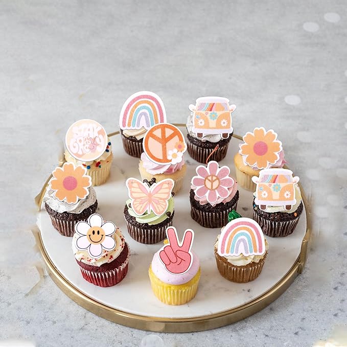 63 PCS Edible Hippie Party Cupcake Toppers Peace Sign Hand Butterfly Two Groovy Cupcake Picks Dasiy 60s Retro Boho Cake Decorations for Hippie Two Groovy Carnival Theme Birthday Party Supplies