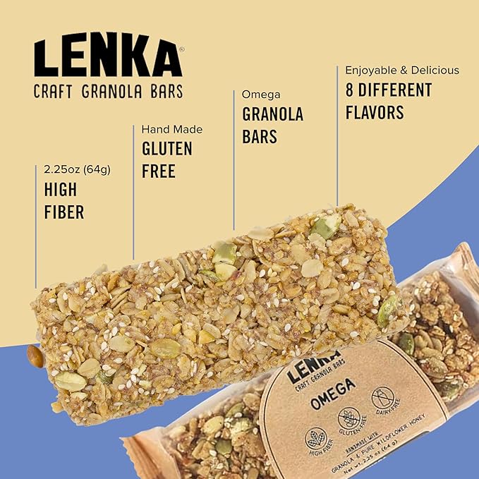 Lenka Bars - Omega Snack Bars, Gluten Free, High Fiber, Kosher, Wholesome, No Artificial Flavors, Individually Wrapped - 12 Pack