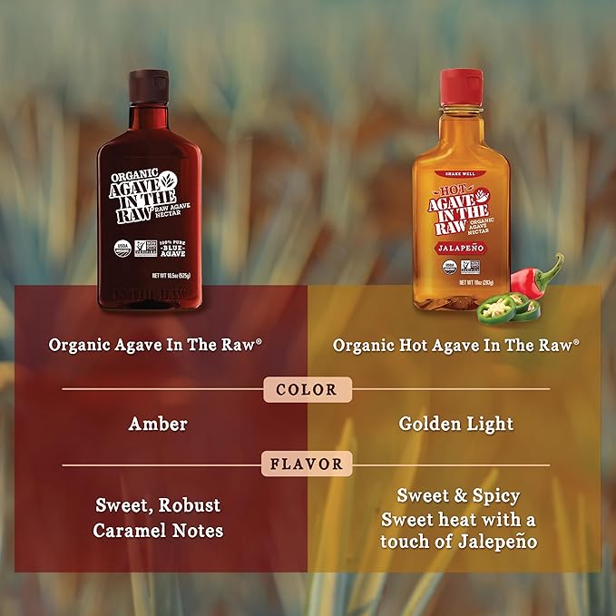 In the Raw Organic Blue Agave Syrup Bundle – Raw Agave Nectar (18.5 Oz) Sugar Substitute + Hot Agave Nectar (10 Oz) Hot Honey Alternative