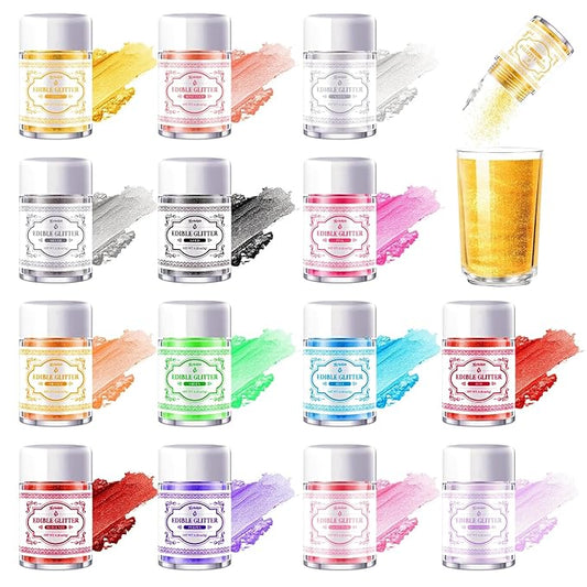 Edible Glitter for Drinks ??14 Colors Luster Dust, Food Grade Cocktail Shimmer Powder for Cakes, Beverages, Chocolate & Candy, 5g/Bottle