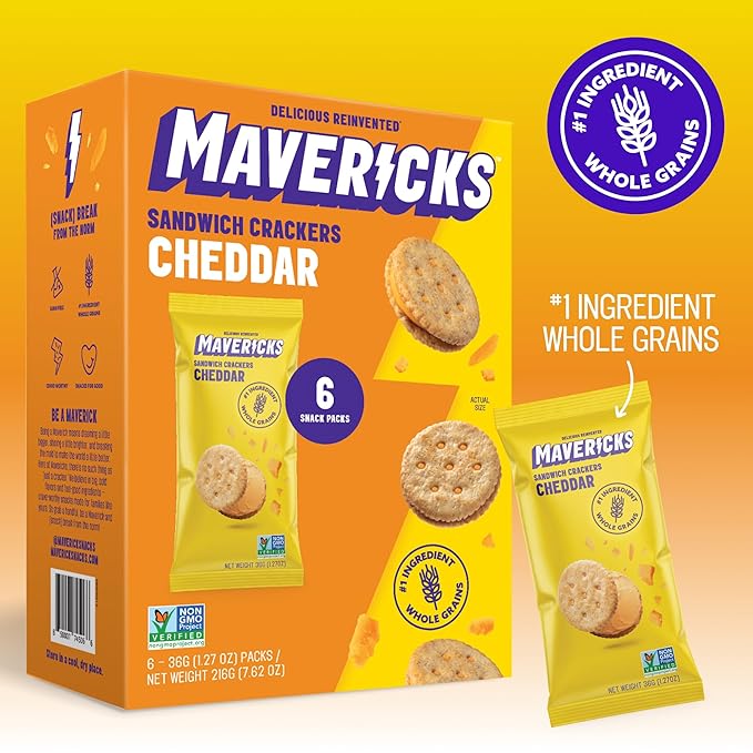 Mavericks Sandwich Crackers Cheddar - Cheese Filled Whole Grain Sandwich Cracker Snack Packs, Non-GMO - 2 Boxes (12 Snack Packs)