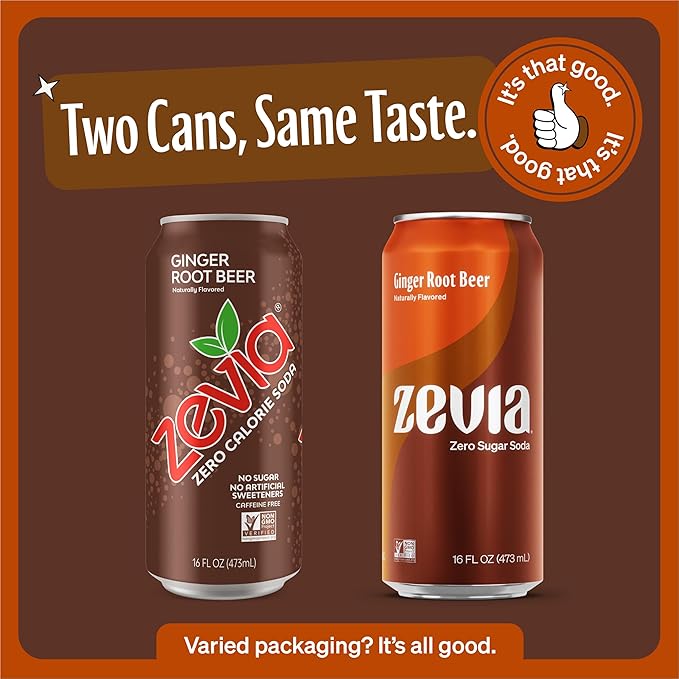 Zevia Zero Sugar Soda, Ginger Root Beer, 16 oz Cans (12-Pack) ??Naturally Sweetened, Non-GMO Project Verified, Gluten-Free, Vegan
