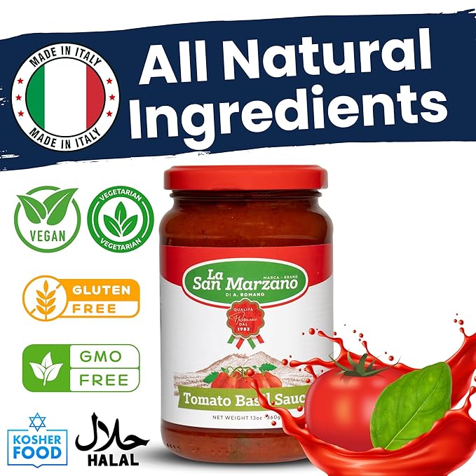 La San Marzano Tomato Basil Sauce, 13 oz, Pasta Sauce Made in Italy, All Purpose Tomato Premium Quality, All Natural, Mediterranean Diet, Non GMO, Vegan, Gluten Free