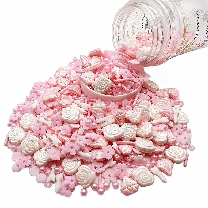 SE Si&Moos Pink Sprinkles Edible Pink Flowers for Cake Decorating Spring Sprinkles Cake Sugar Pearls Edible Icing Flowers Rose and Diamond Candy for Decorating Cake,Cupcake,Ice Cream,Donuts and Lollipops 3 OZ