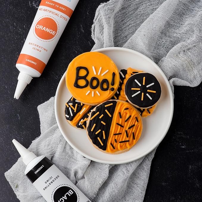 Sweets Indeed Dye-Free Halloween Frosting & Sprinkles Set ??8.22 oz | 2 Frosting Tubes (Orange & Black) + 2 Decorating Tips + 2 oz Sprinkle Mix (Black, Orange & White) | No Artificial Dyes Cupcake & Cookie Decorating Kit