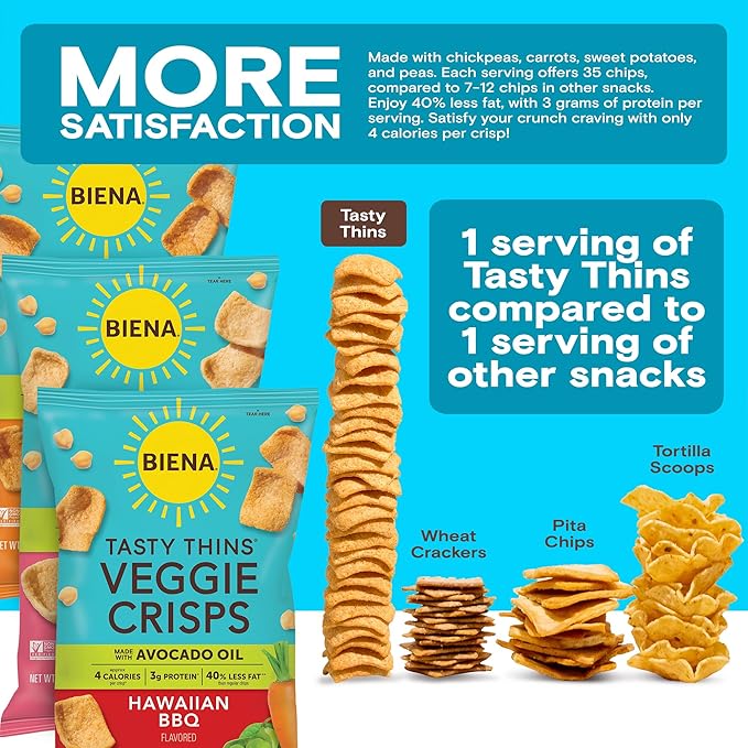 BIENA Tasty Thins Veggie Crisps - Low-Calorie Veggie Chips for Adults and Kids - Variety Pack (6x4-oz Bags) - Hawaiian BBQ, Himalayan Pink Salt, & Nacho
