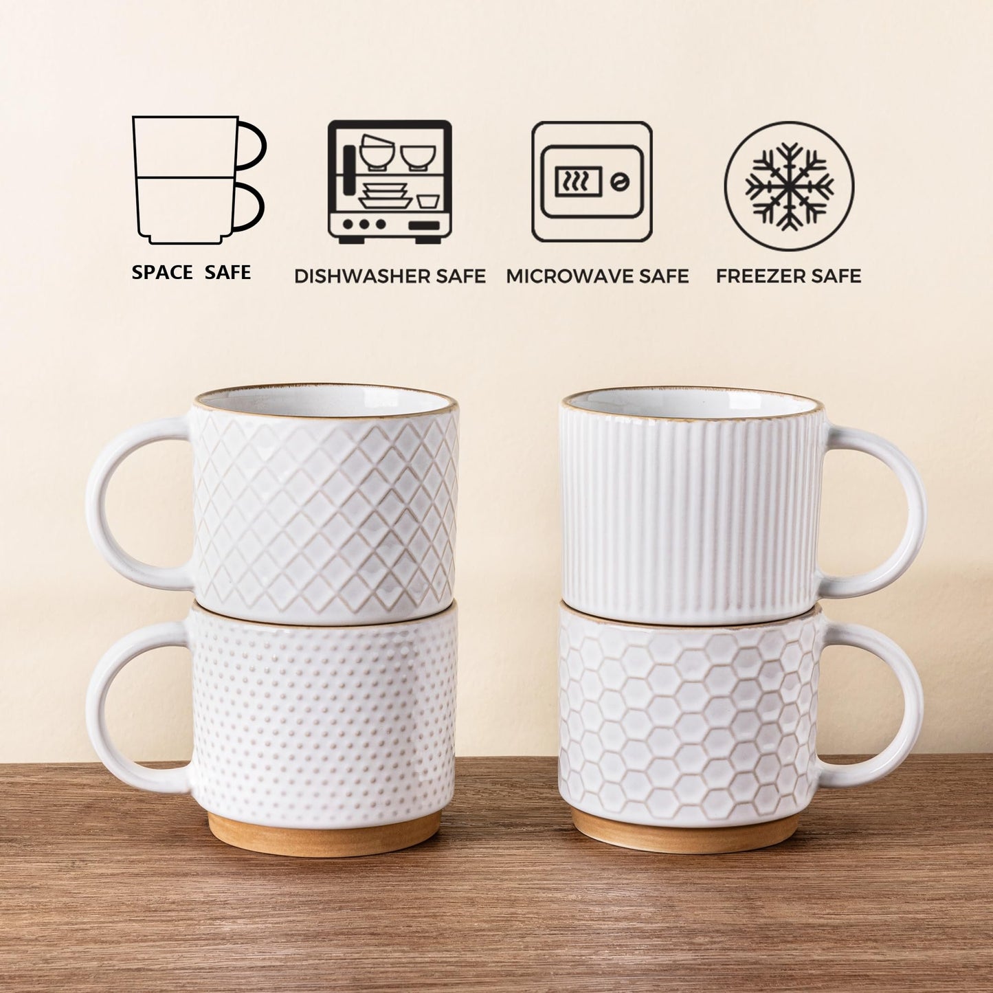 GBhome 12 OZ Stackable Coffee Mugs Set of 4, Ceramic Coffee Cups Set