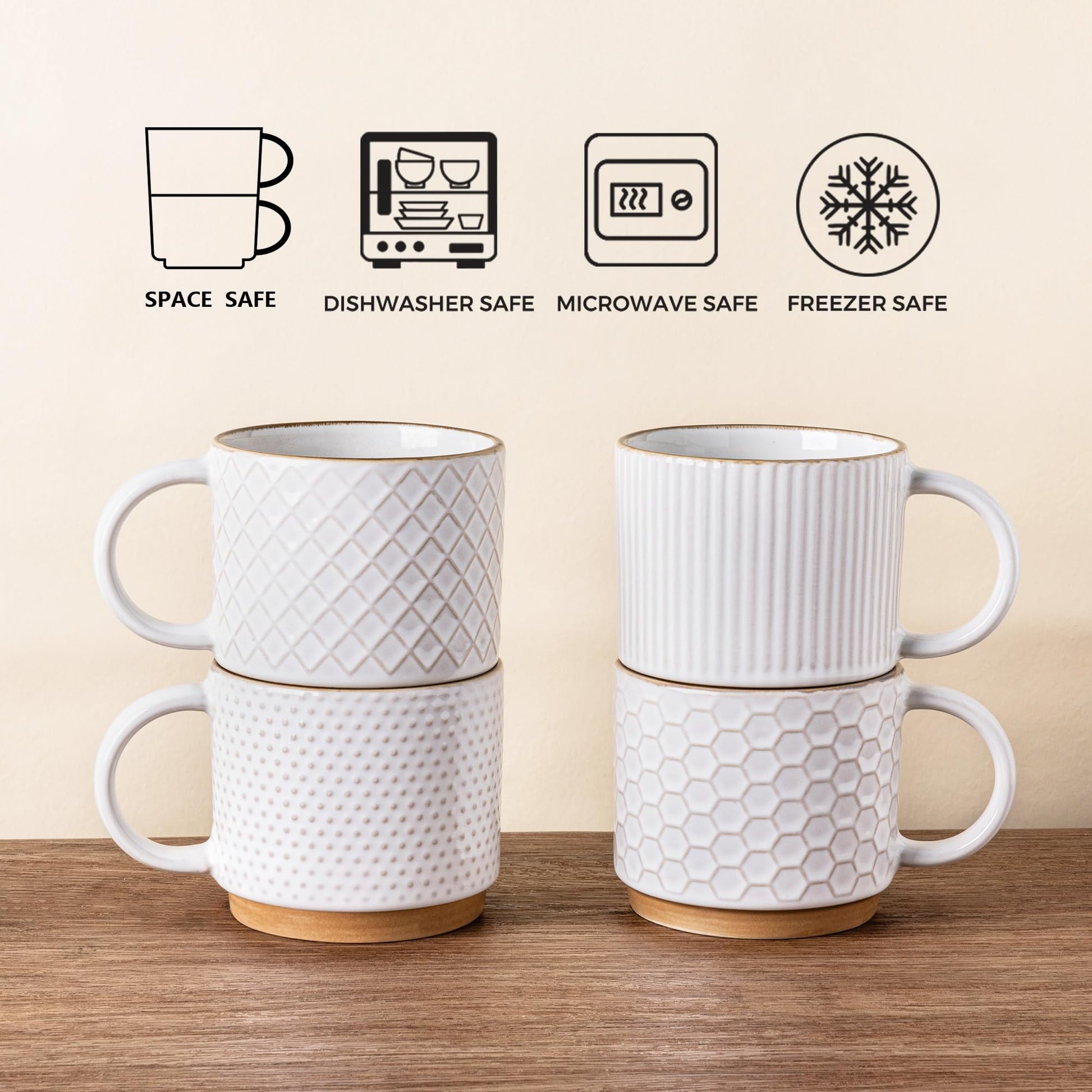 GBhome 12 OZ Stackable Coffee Mugs Set of 4, Ceramic Coffee Cups Set