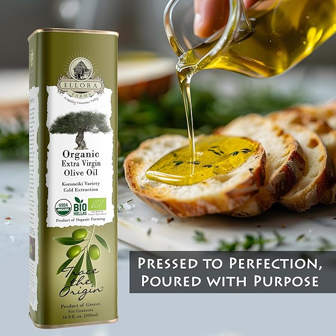 Ellora Farms, USDA Organic Extra Virgin Olive Oil, 2024 Harvest, Gold Award, Unfiltered, High Oleocanthal, Kosher 17 oz tin, Pack of 4