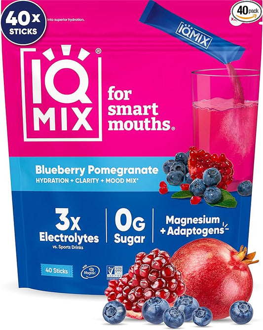 IQMIX Hydration Electrolyte Powder ??4-in-1 Formula for Hydration, Mental Clarity, Mood and Recovery ??Sugar-Free Drink Mix, Keto, Magnesium L-Threonate, Lion?™s Mane ??40 Count Blueberry Pomegranate
