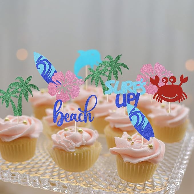 Rsstarxi 28 PCS Summer Beach Cupcake Toppers Glitter Surf's Up Surfboard Cupcake Picks Dolphin Crab Flower Cake Decorations for Hawaii Beach Theme Wedding Baby Shower Birthday Party Supplies