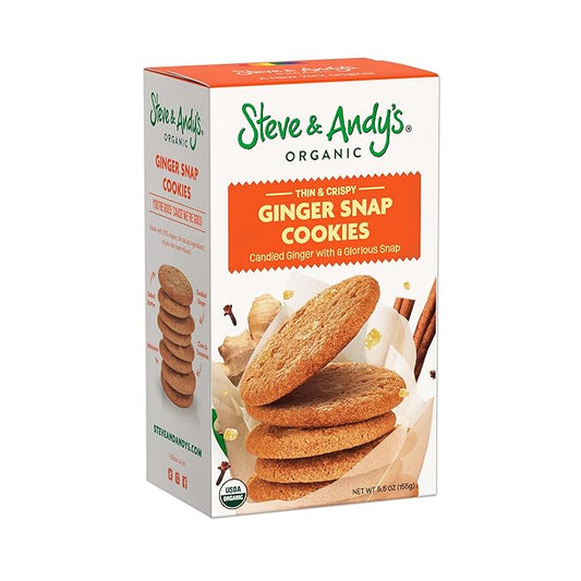 Steve & Andy’s Thin, Crispy & Scrumptious Ginger Snap Cookies - Organic & Gluten Free, Non-Gmo, Nut Free, Wheat Free, Soy Free - 1 Box, 5.5 Oz (10 Cookies)