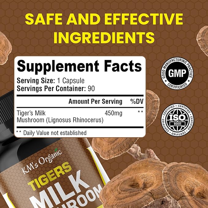 KM's Organic Tiger?™s Milk Mushroom Supplement 10:1 Extract (Lignosus Rhinocerus) ??Respiratory & Immune Support, Gut Health ??450 mg, 90 Vegan Capsules