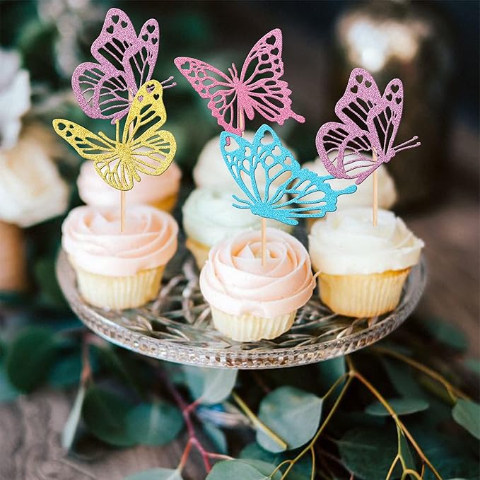 Rsstarxi 24 Pack Multicolor Butterfly Cupcake Toppers Glitter Assembled Butterfly Baby Shower Cupcake Picks for Wedding Engagement Bridal Shower Kids Birthday Party Cake Decorations
