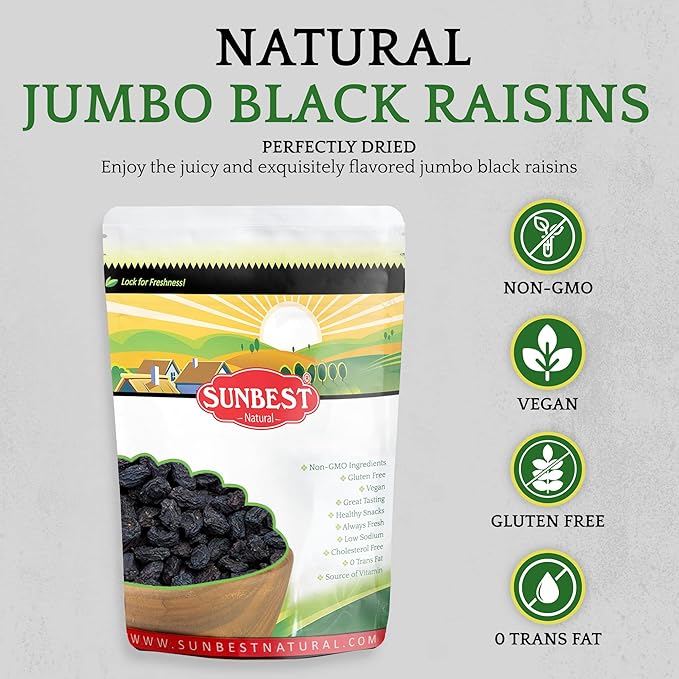 Sunbest Natural Jumbo Raisins Black 32 Oz (2 lbs) - Plump & Juicy, Rich in Healthful Nutrients & Dietary Fiber - Resealable Bag - Ideal for Snacking, Cooking & Baking - Long lasting Freshness