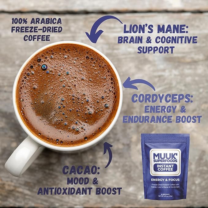 MUUK' SUPERFOODS | Energy & Focus Mushroom Coffee | Organic Freeze-Dried Instant Coffee with Cacao, Cordyceps & Lion’s Mane Mushroom Powder | 4.7oz (135g) 30 Servings