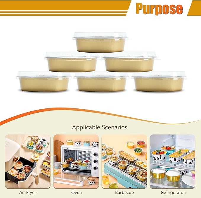 Disposable Aluminum Baking Cups Bulk, 50Pcs Gold Mini Cake Pans with Clear Lids for Muffin, 7.2oz