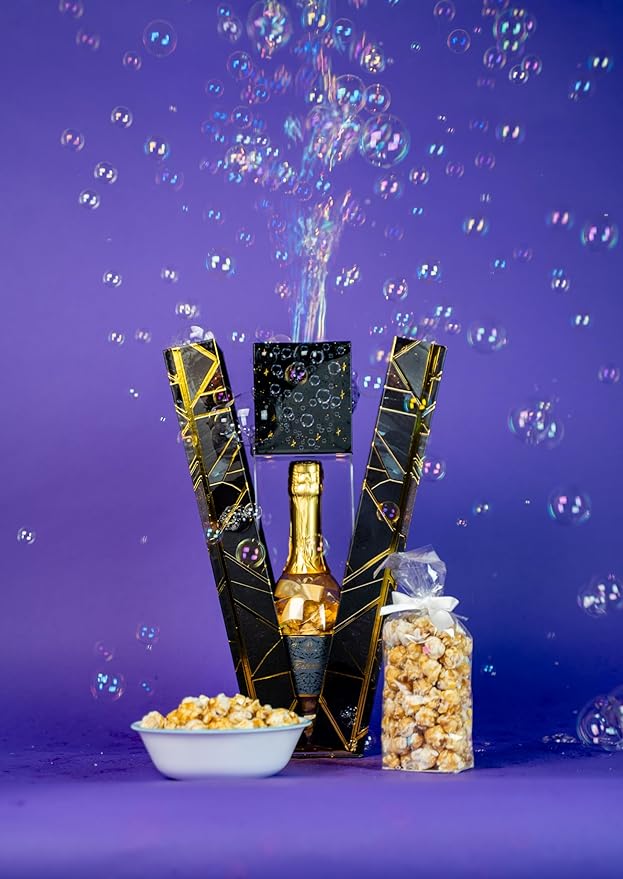 Luxe Bubble Box with Caramel White Chocolate Popcorn by Send A Cake, Ready to Gift, No Assembly Required - Happy Birthday Surprise - Unique Birthday Gift for Women, Men, Sister, Mom, Dad, Best Friend