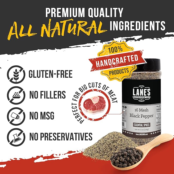Lane's 16 Mesh Ground Pepper Seasoning, All-Natural Coarse Black Pepper Ground Spice, No Preservatives Coarse Ground Black Pepper, Made in USA, 8 Oz