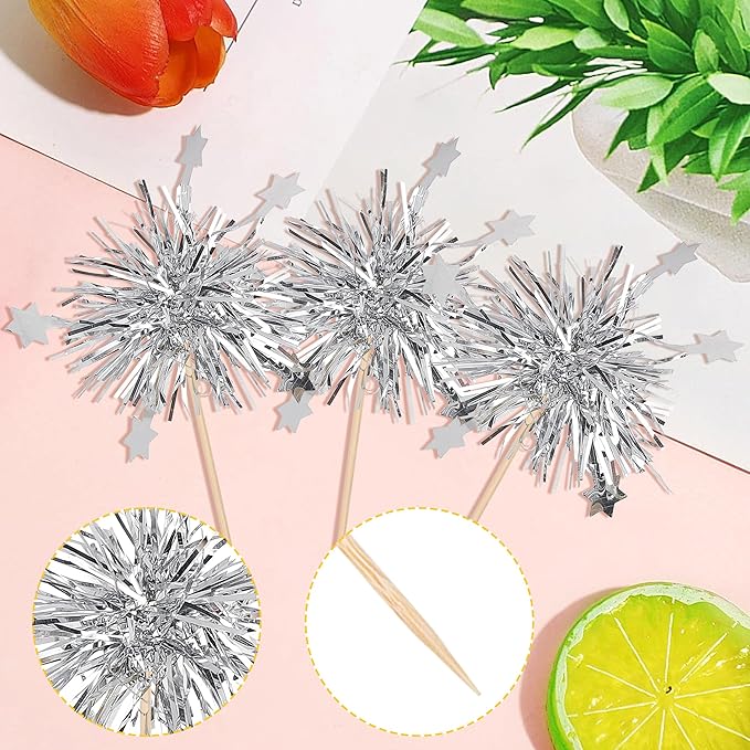 Rsstarxi 30 Pack Foil Firework Cupcake Toppers Sparkle Tinsel Drink Birthday Cake Decorations Cocktail Food Fruit Toothpick for New Years Wedding Birthday Party Decorations Silver