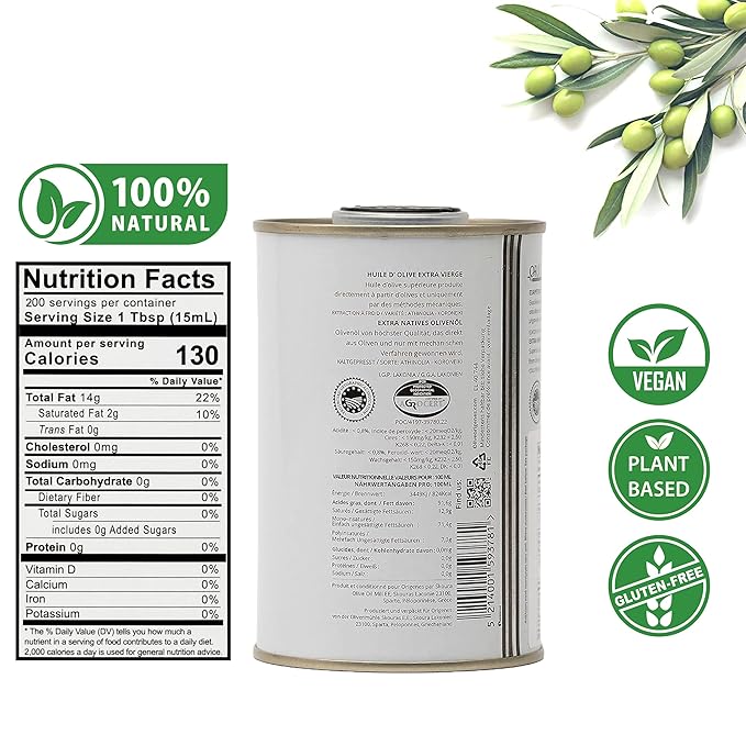 Pack of 2 Extra Virgin Olive Oil Tin, Great Taste Cold Pressed, Intense Flavor, Contains Polyphenols Rich Olive Oil from the Land of Laconia 2X250ml Tin