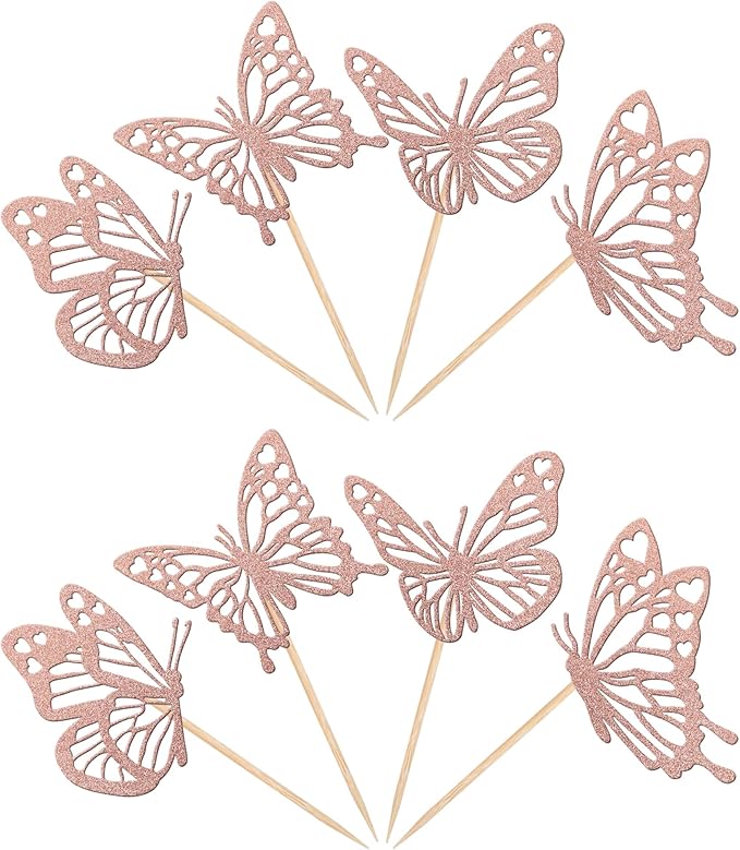 Rsstarxi 24 Pack Butterfly Cupcake Toppers Glitter Assembled Butterfly Baby Shower Cupcake Picks for Wedding Engagement Bridal Shower Kids Birthday Party Cake Decorations Supplies Rose Gold