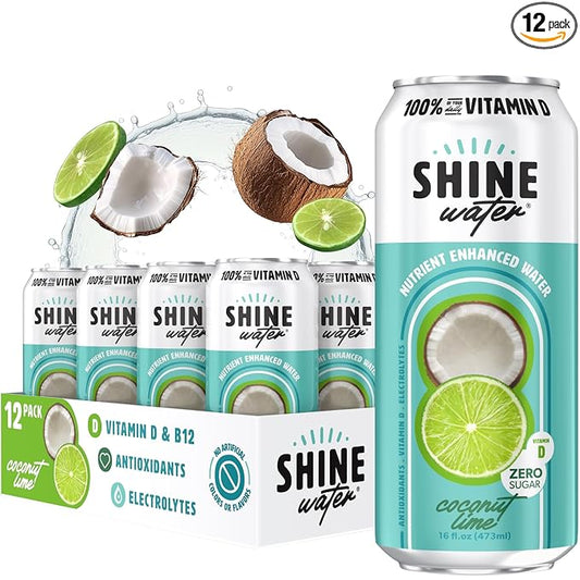 ShineWater Vitamin D Hydration Electrolyte Drink - Flavored water with electrolytes, Sugar-Free, Magnesium, Zinc, Vitamin B12, Folic Acid, Plant-Based, Low Calorie - Coconut Lime Fruit Water 12 Pack