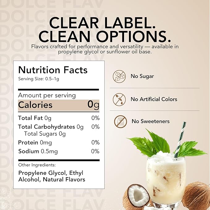 Dolce Flav Natural Coconut Extract ??2 Ounce Water-Soluble Kosher, Sugar-Free, Concentrated Tropical Coconut Flavoring for Baking, Beverages & Desserts, Includes Measured Dropper