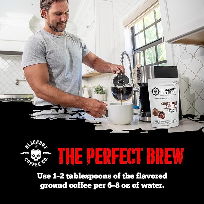 Blackout Coffee Chocolate Cherry Flavored Ground Coffee ??Medium Roast, Smooth Taste, Guilt-Free Indulgence ??Freshly Roasted 12oz Pouch, American Made