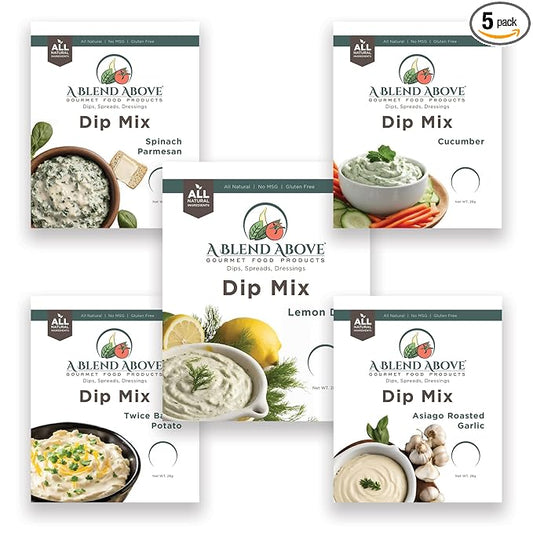 A Blend Above 5-Pack Dip Mixes - Delicious Summer Blends, Includes Cucumber, Lemon Dill, Asiago Roasted Garlic, Spinach Parmesan, and Twice Baked Potato - Gluten-Free, No Preservatives, Easy to Prepare, Ideal for Parties and Snacking