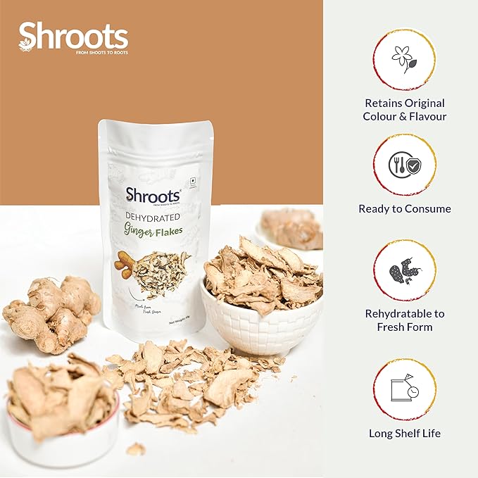 SHROOTS Dried Ginger Flakes ??Organic Substitute for Fresh Ginger Ready to Mix & Consume Supports Digestion & Immunity Non-GMO Premium Spice & Seasoning for Baking, Cooking & Tea ??1.59 oz (Pack of 1)