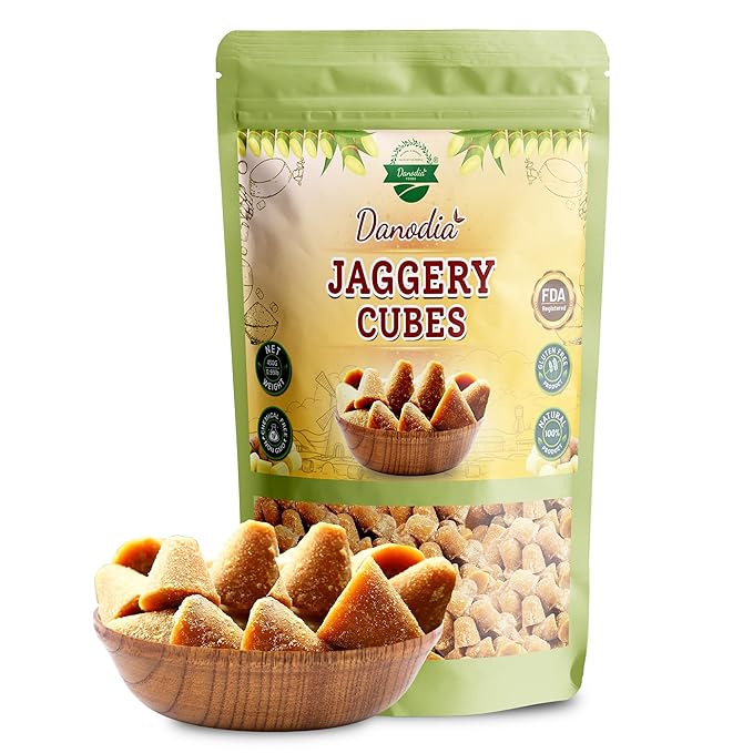 Danodia Foods Organic Jaggery Cubes 1 lb (450g), Pure & Natural, No Additives Sweetener, Vegan & Gluten-Free, Nutrient-Rich Alternative to Refined Sugar for Tea & Coffee, Indian Origin