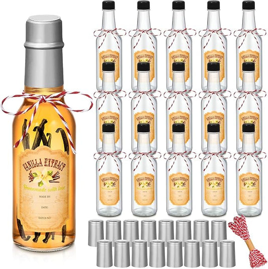 Tioncy 16 Pcs Vanilla Extract Bottles for Homemade Vanilla Jar Glass Bottle with Cap, Shrink Band, Sticker Syrup Gift Food Storage Canister for Bean Sauce Spice(Silver,5 oz)